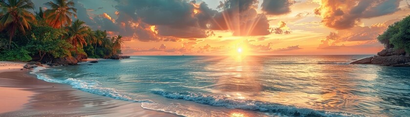 Obraz premium A beautiful sunset over the ocean with palm trees on a beach.