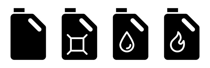 Machine oil canister black icon set. Engine oil tank symbol. Fuel canister black vector illustration. Petrol gallon icon. Gasoline jerrycan pictogram isolated.