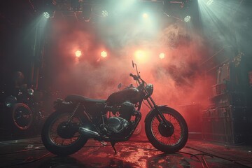 A dimly lit motorcycle sits on a stage with red spotlights illuminating it from behind.