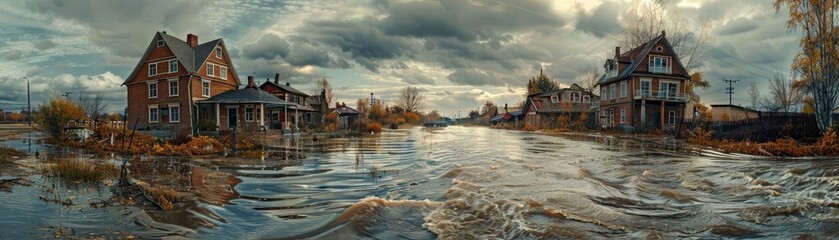 A flooded street with abandoned houses