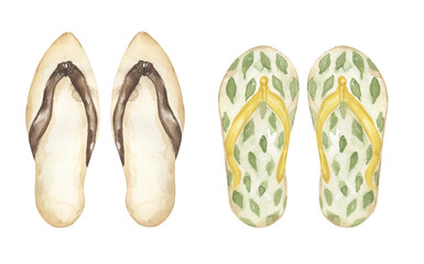 Watercolor hat, espadrilles shoes and sun glasses illustration set, summer cloths clipart