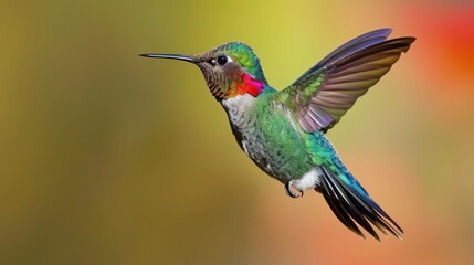 Fototapeta premium Beautiful wide-beaked colorful colibri bird flying against bokeh background