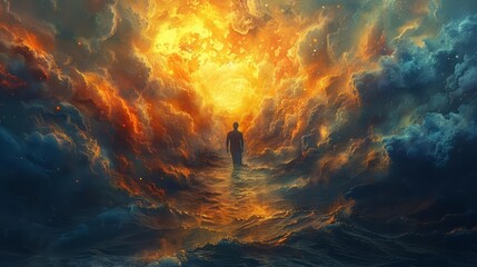 A man walking through a stormy sea towards a bright light.