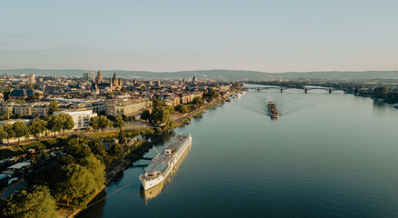 Aerial view of the city of Mainz and the Rhine river