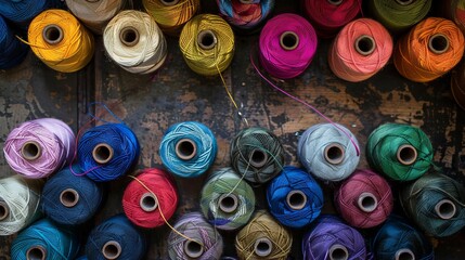 Fototapeta premium Picture a serene scene where colorful cotton reels are neatly arranged on a tabletop, creating a delightful display of creativity and craftsmanship. This charming tableau exudes a sense of nostalgia 