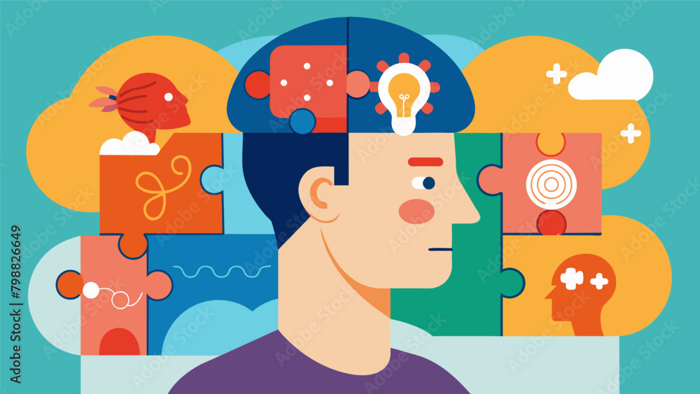 Poster an illustration of a persons thoughts as a puzzle with different pieces representing different parts
