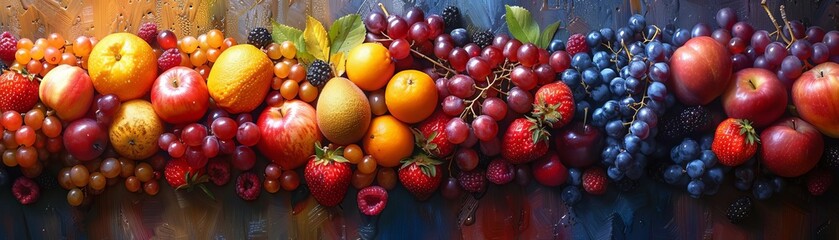 An assortment of fruits including apples, grapes, pears, and berries. - obrazy, fototapety, plakaty