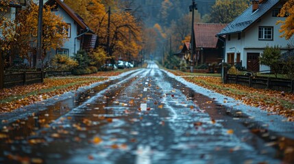 An empty wet road in a small town in autumn. - obrazy, fototapety, plakaty
