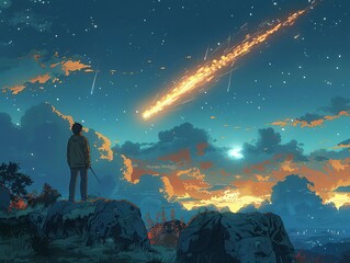 Anime boy watching a meteor shower - obrazy, fototapety, plakaty