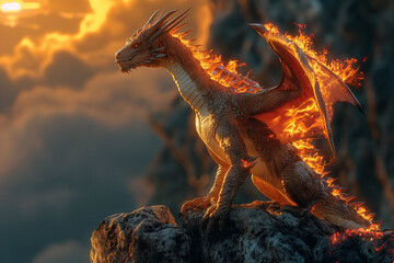 2. Fire-Breathing Guardian: Perched on the edge of a towering cliff, a fearsome dragon spreads its wings wide, its fiery breath illuminating the night sky with an otherworldly glow