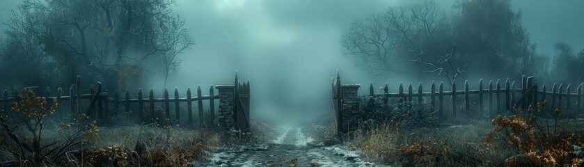 path leading to a gate in the middle of a spooky forest - obrazy, fototapety, plakaty