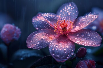 Raindrops on purple flower petals in the evening - obrazy, fototapety, plakaty