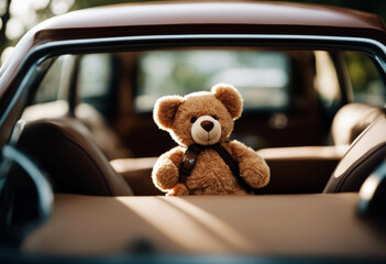 bear teddy back fastened car seat seatbelt safe white background road belt driving secure leisure baby sitting accident insurance buckle black vehicle security cute automobile