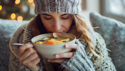 Ill young woman eating chicken soup at home - obrazy, fototapety, plakaty