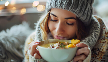 Ill young woman eating chicken soup at home - obrazy, fototapety, plakaty