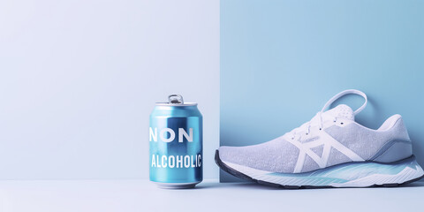 A can of non-alcoholic beer sits next to a white sport shoe