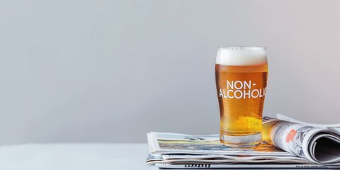 Photo of a cold non-alcoholic beer, with "NON-ALCOHOLIC" etched on the glass can placed on a stack of sports newspapers