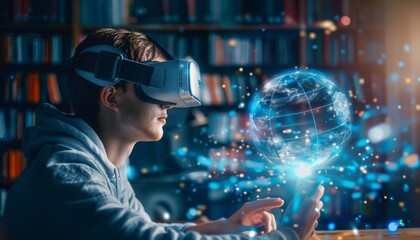 A young man wearing a virtual reality headset is looking at a glowing globe of the Earth. He is sitting in a library and there are bookshelves all around him.