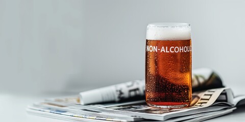 Photo of a cold non-alcoholic beer, with "NON-ALCOHOLIC" can placed on a stack of sports magazines