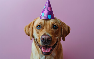 Party Pooches: labrador Dog Wearing Cone Hats in Vibrant Studio Portraits, pink background