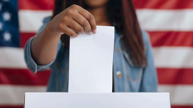 Close up of unrecognizable American woman putting vote white blank paper in ballot box against American flag background.