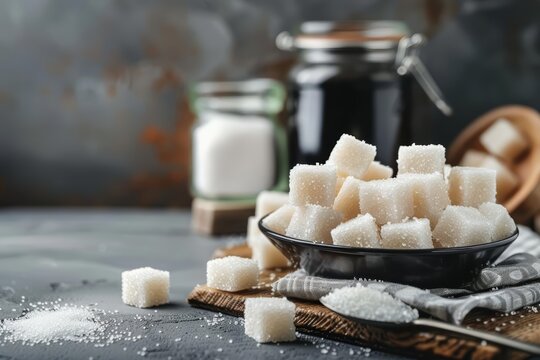 A variety of fruits, vegetables, and other food items are arranged on a blue background