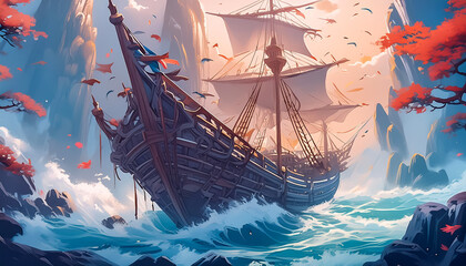 A ship on wavy waters - obrazy, fototapety, plakaty