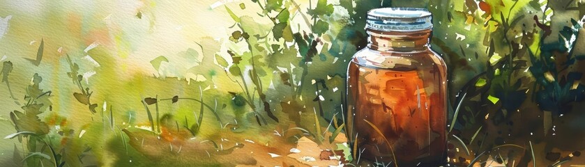 A watercolor painting of a glass jar sitting in a field of grass on a sunny day with a warm breeze. - obrazy, fototapety, plakaty