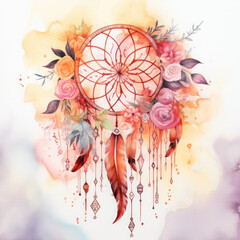 A watercolor painting of a dreamcatcher with pink, yellow and orange flowers and feathers. - obrazy, fototapety, plakaty