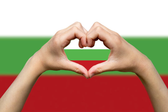 Bulgaria flag with two hands heart shape, hand heart love sign, patriotism and nationalism idea