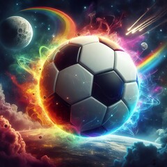 a photo realistic soccer ball as a planet in space with rainbow smoke and explosions, digital art - obrazy, fototapety, plakaty