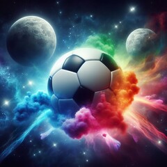 a photo realistic soccer ball as a planet in space with rainbow smoke and explosions, digital art - obrazy, fototapety, plakaty
