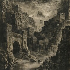 A detailed pencil drawing of the ruins of an ancient city.