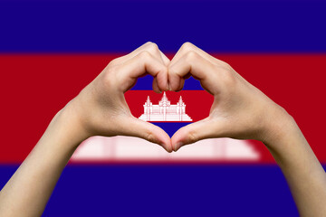 Cambodia flag with two hands heart shape, support or donate to Cambodia, patriotism and nationalism 
