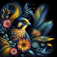 Floral artistic image of black background blue yellow magenta green falcon bird with her baby
