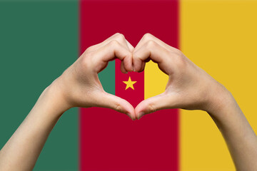 Cameroon flag with two hands heart shape, hand heart love sign, vector design, support or donate 