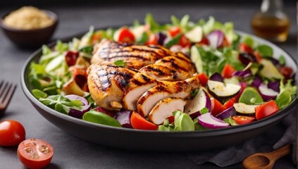 Grilled chicken breast, fillet and fresh vegetable salad. Healthy lunch menu.
