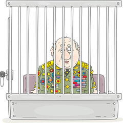 Sad corrupt general in a parade military uniform with orders and medals sitting with a sour face in a dock behind bars during a court hearing and verdict, vector cartoon illustration on white