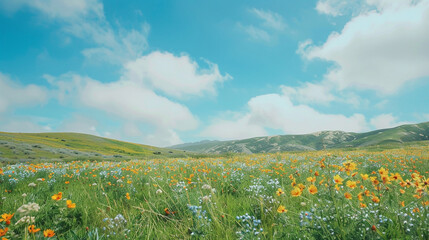 Serene Meadow with Wildflowers and Rolling Hills Under a Clear Blue Sky