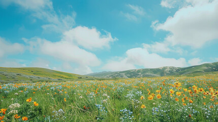 Fototapeta premium Serene Meadow with Wildflowers and Rolling Hills Under a Clear Blue Sky