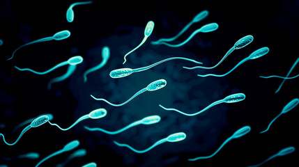 ilustration of spermatozoa under the microscope - fertility and in vitro fertilization concept - obrazy, fototapety, plakaty