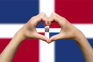 Dominican Republic flag with two hands heart shape, support or donate to Dominican Republic, hand 