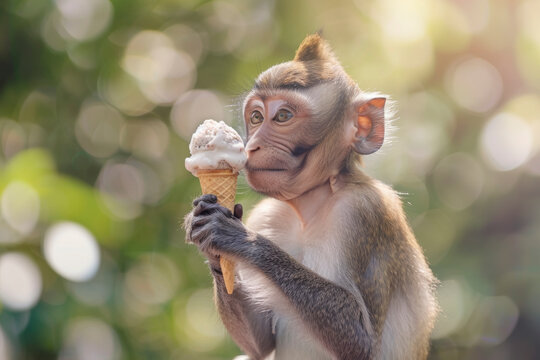 Mono comiendo helado en el parque.