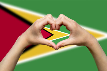 Guyana flag with two hands heart shape, hand heart love sign, vector design, express love 