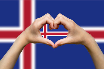 Iceland flag with two hands heart shape, express love or affection concept, vector design, hand 