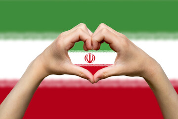Iran flag with two hands heart shape, support or donate to Iran, hand heart love sign, patriotism 
