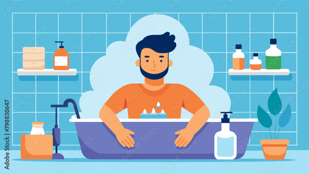Poster a man takes a break from his busy schedule to indulge in a selfcare session using a calming and grou