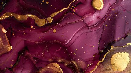 Rich Burgundy and Gold Alcohol Ink Swirls, Shiny Marble-like Detailing.