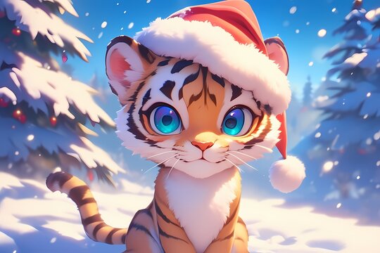 cartoon tiger wearing a christmas hat in winter