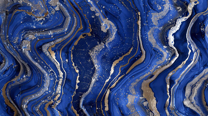 Luxurious Surface in Royal Blue and Silver Alcohol Ink Swirls, Marble-Like in Ultra HD.